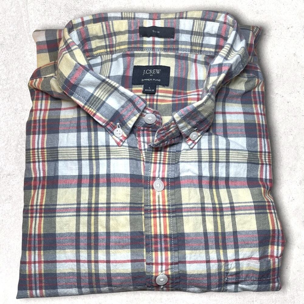 J CREW CLASSIC PREPPY PLAID MEN BUTTON DOWN COTTON DRESS SHIRT YELLOW BLUE LARGE